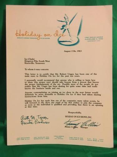 Holiday On Ice 1953 Letter to Ice Chalet re: Robert Unger